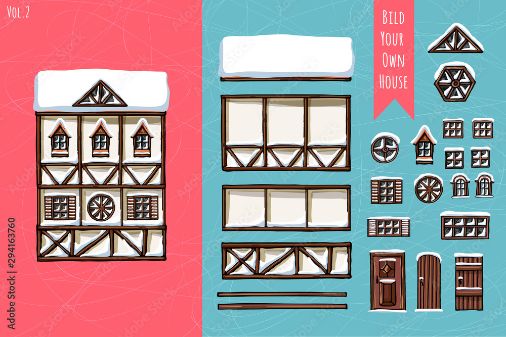 German houses, collection of elements, itemset, roof, windows, doors. Winter seasons snow for postcard design posters background game. Hand drawn vector illustration.