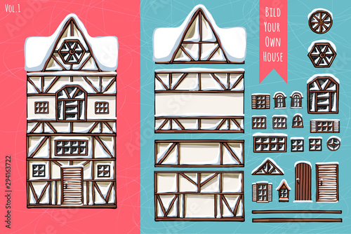 German houses, collection of elements, itemset, roof, windows, doors. Winter seasons snow for postcard design posters background game. Hand drawn vector illustration. photo