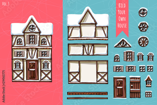 German houses, collection of elements, itemset, roof, windows, doors. Winter seasons snow for postcard design posters background game. Hand drawn vector illustration.