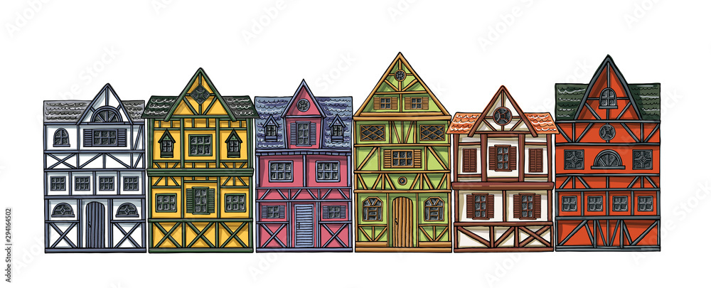 German houses cartoon collection urban landscape front view of European city street colorful building facades. Hand drawn vector illustration sketch style.