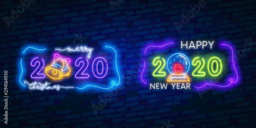 2020 Happy New Year Neon Text. 2020 New Year Design template for Seasonal Flyers and Greetings Card or Christmas themed invitations.