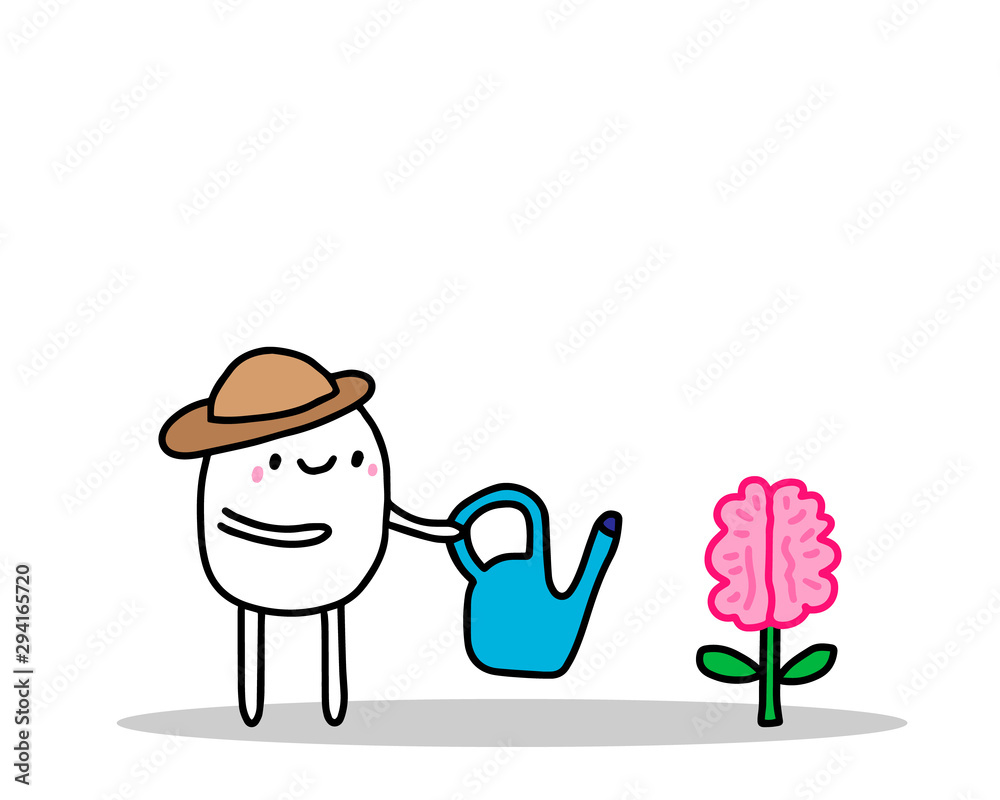 Man gardener watering growing brain hand drawn vector illustration metaphor Man gardener watering growing brain hand drawn vector illustration metaphor