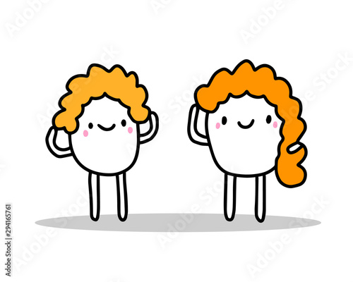 Two women long and short hair style hand drawn vector illustration in cartoon style
