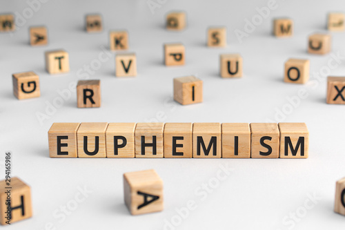 Euphemism - word from wooden blocks with letters, neutral word used to replace other indecent or inappropriate words euphemism concept, random letters around, white  background