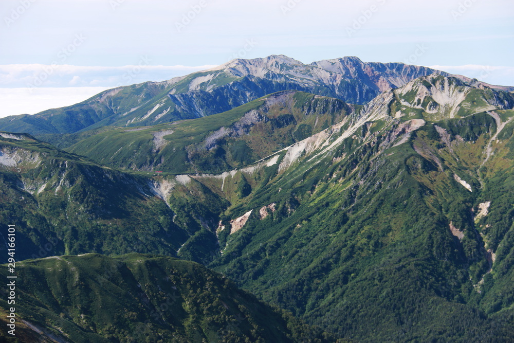 Obraz premium 北アルプス 槍ヶ岳山頂からの風景 雲ノ平周辺の山々 薬師岳遠景