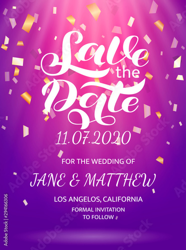 Wedding invitation card. Save the date lettering. Vector illustration for poster