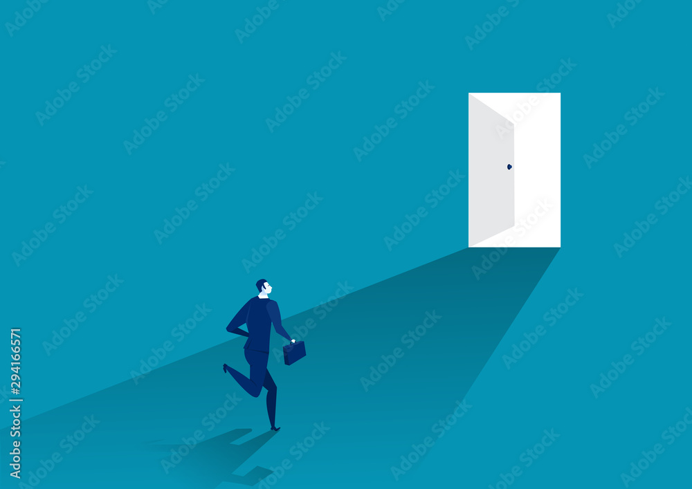businessman suit run in front of an open door, vector illustrator. businessman suit run in front of an open door, vector illustrator.