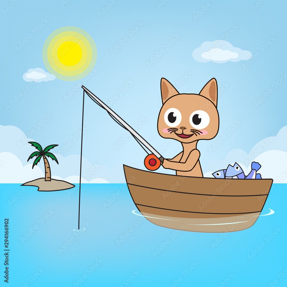 Funny cat fishing with boat. vector cartoon illustration Stock Vector