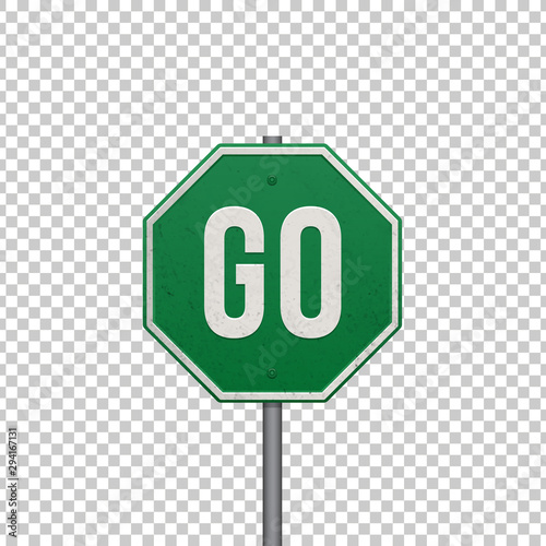 Realistic metallic 'Go' sign. The word Go isolated on transparent background. Vector illustration.