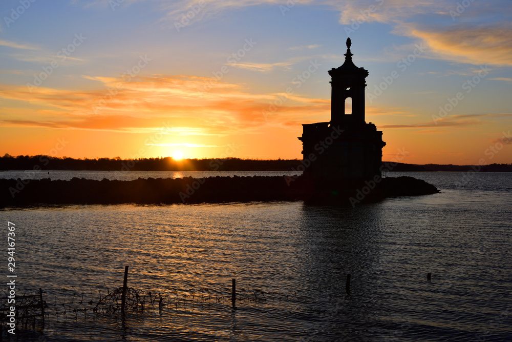 Normanton Church at Rutland Water with Red Sky Sunset