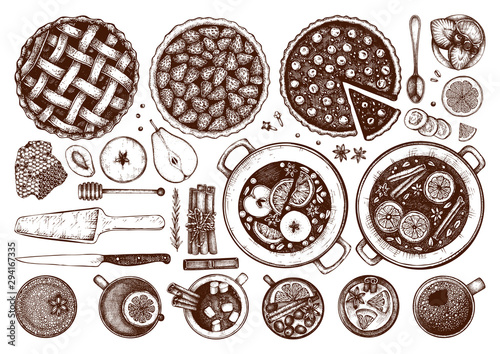 Hot drinks, homemade pies and desserts sketches collection. Winter food and drinks top view. Hand drawn illustration of Christmas dishes. Christmas dinner menu.
