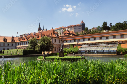 Panoramic view  of Old european castle and fauntain, Czech republic. Europe architecture. Medieval architecture. photo