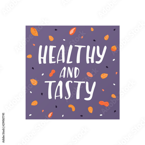 Hand drawn vector card with text, nuts and seeds. Square background with white lettering. Greeting card, menu, poster design element