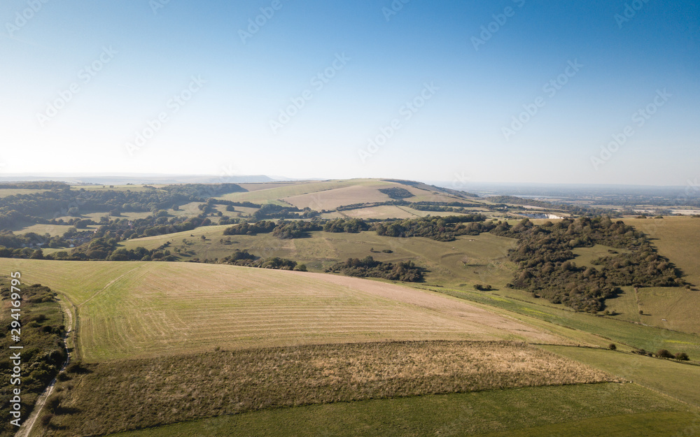 The South Downs, East Sussex, England. An aerial view of the AONB (Area of Outstanding Natural Beauty) near Eastbourne on the south coast of England.