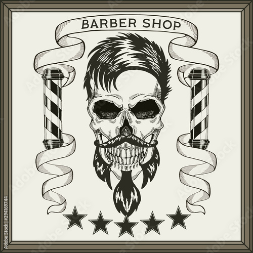 Vintage, hipster skull barbershop logo in old style, vector.