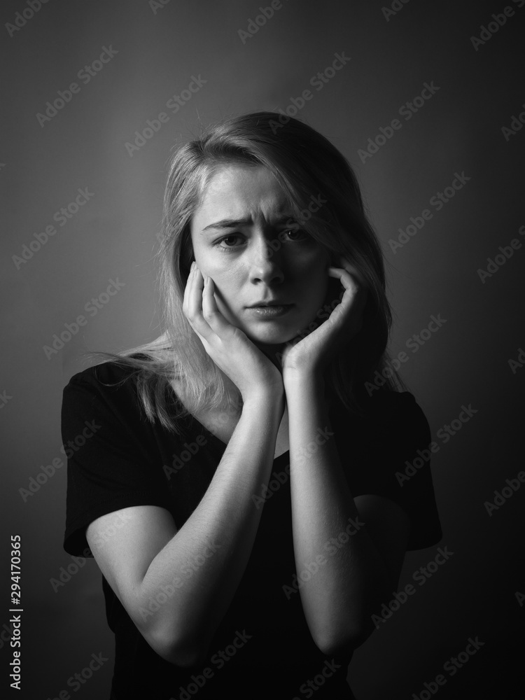 Young woman in depression. Black and white. Young woman in depression. Black and white.