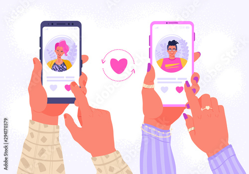 Smartphone with dating application that help people find love. Hands holding mobile with man and woman profile. Romance app, virtual relationship , communication, social media concept.