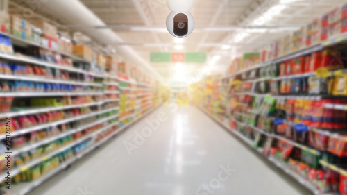 The CCTV Security Camera operating in supermarket store blur background. Business protection.