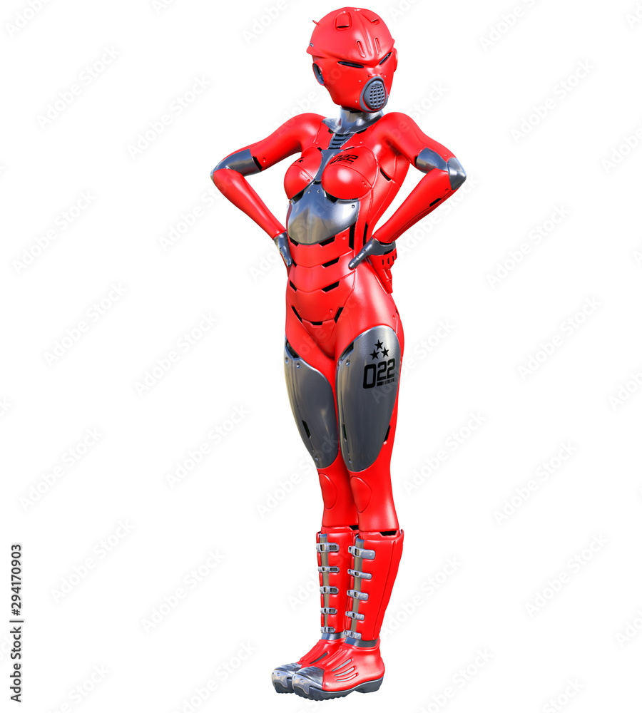 Robot woman. Red matte metal droid. Artificial Intelligence. Robot woman. Red matte metal droid. Artificial Intelligence.