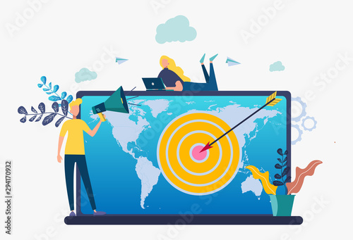 A man watches ads on a laptop. New advertising technologies focused on the concept of Internet marketing. Colorful vector illustration.