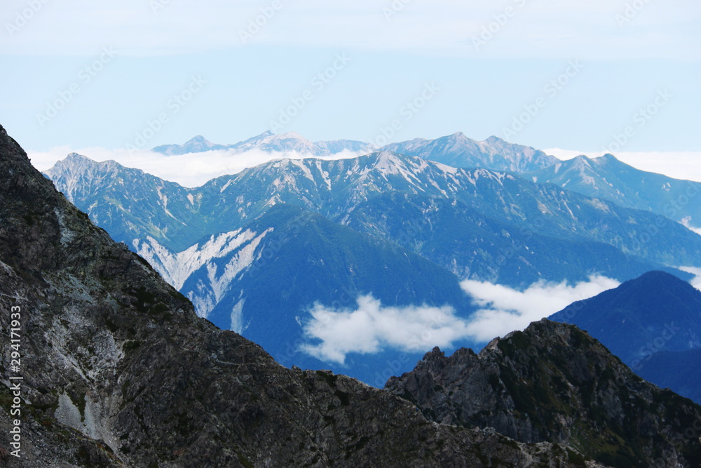 北アルプス　槍穂高縦走路　中岳山頂からの風景　後立山連峰遠景