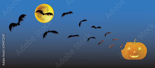 Halloween bats flying from scary pumpkin face to the Moon in dark blue sky background banner, comic style, vector illustration.