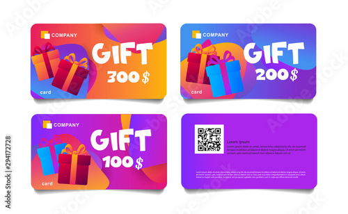 set of 4 colorful gift cards with gift box illustrations and fluid geometric shapes, childish modern graphic
