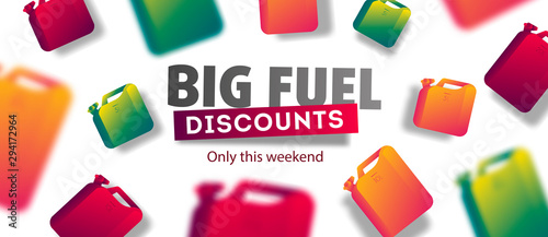 Oil Canisters and jerrycans with petrol modern background with blur objects and big typography, advertising poster or banner