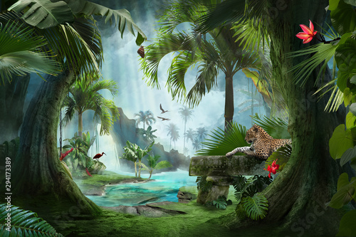 Fotografia beautiful jungle beach lagoon view with a jaguar, palm trees and tropical leaves