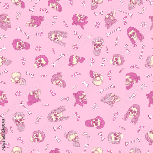 Bearded pink skulls with  bones and worms, seamless pattern. Male skull with a stylish haircut, beard and mustache. Picture for Halloween.