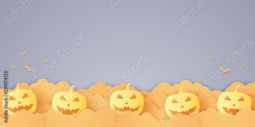 Halloween pumpkin in sky, paper art style