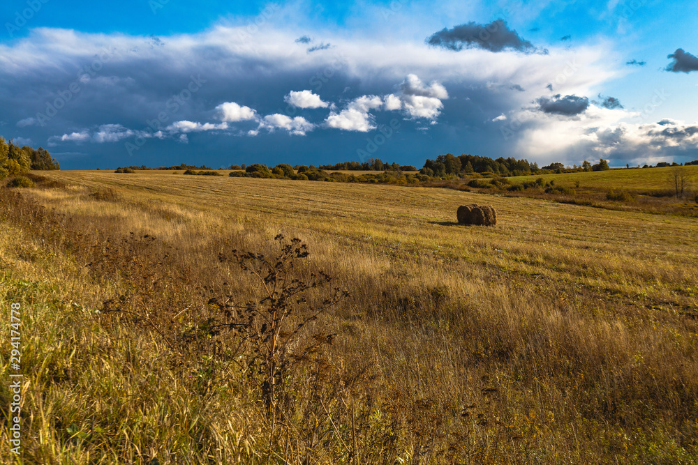 Autumn landscape - a mown field against a picturesque cloudy sky