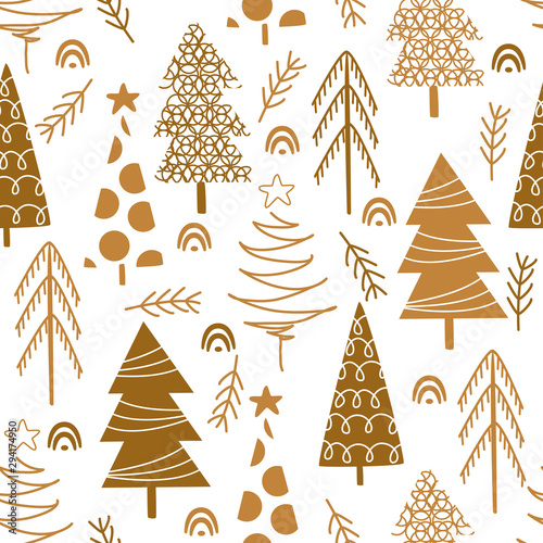 seamless pattern with gold christmas trees on white background - vector illustration, eps