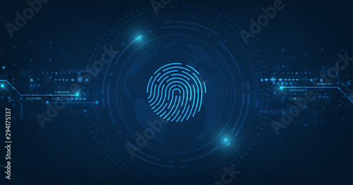 vector abstract security system concept with fingerprint on technology background.