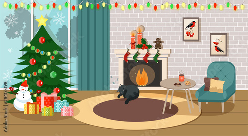 Christmas interior, room with Christmas tree and fireplace. Vector graphics