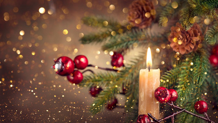 Vintage styled Christmas and New Year Holiday border art design with candle and fir tree with cones. Xmas Winter holiday background, Old styled Christmas backdrop
