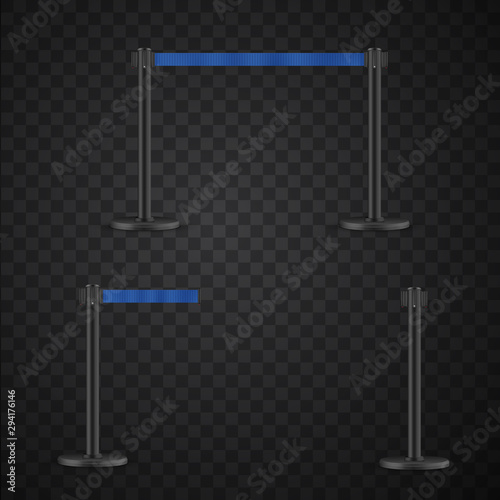 Retractable belt stanchion set. Portable ribbon barrier. Red striped hazard fencing tape.