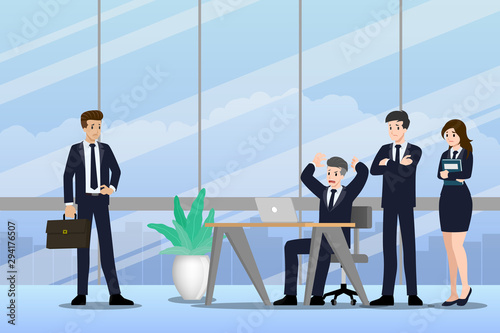 Flat design concept of Businessman and Business woman teamwork with different poses, working and presenting gestures, actions and poses. Vector cartoon character design set. © Nattapong