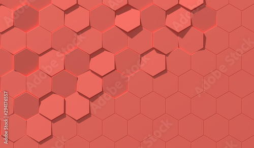 Living Coral Color Hexagon Background With Copy Space (3D Illustration)