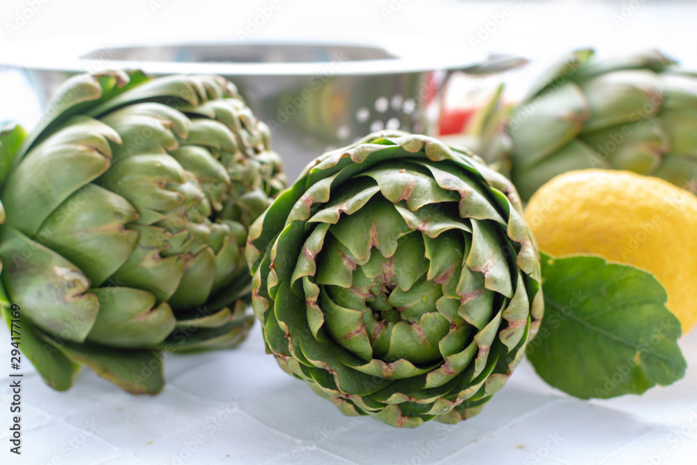 Heads flowers of fresh raw artichokes plants from artichoke plantation in Argolida, Greece ready to cook with lemon Heads flowers of fresh raw artichokes plants from artichoke plantation in Argolida, Greece ready to cook with lemon