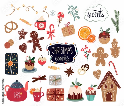 Christmas elements collection with different sweets and seasonal items isolated on white background
