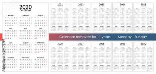 Big set of 11 year calendar. One page and 12 months. Week starts from Monday. Mon-Sun week. Isolated on white background. Stationery design. Vector illustration. photo