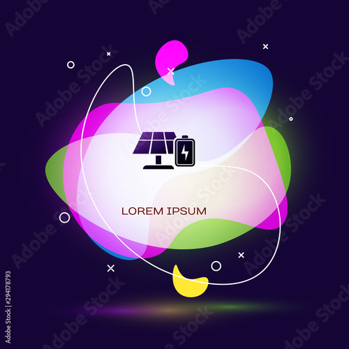 Black Solar energy panel and battery icon isolated on dark blue background. Abstract banner with liquid shapes. Vector Illustration