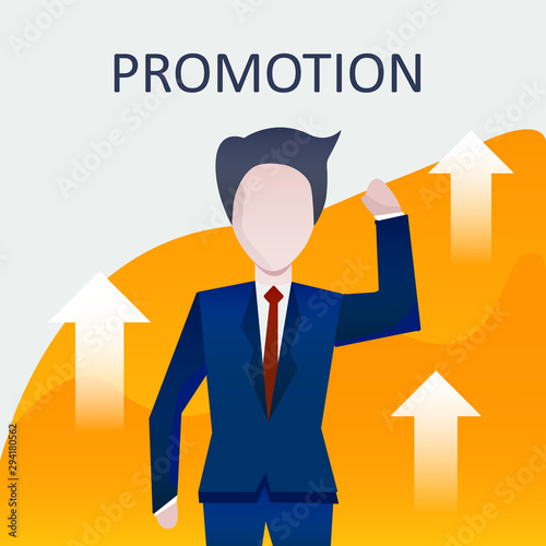 Businessman or Employee getting promoted with yellow background and white arrow vector.