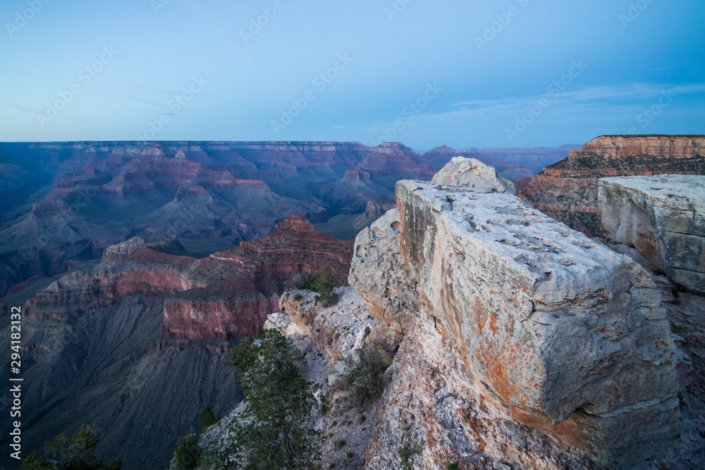 Grand Canyon National Park in Arizona, USA (South Rim). It encompasses with large area of plummeting canyons. It has layered bands of red rock revealing millions of years of geological history.
