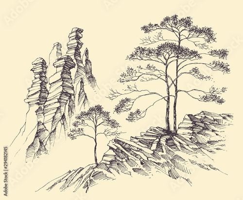 Mountains slopes and alpine trees landscape. Hand drawn nature background