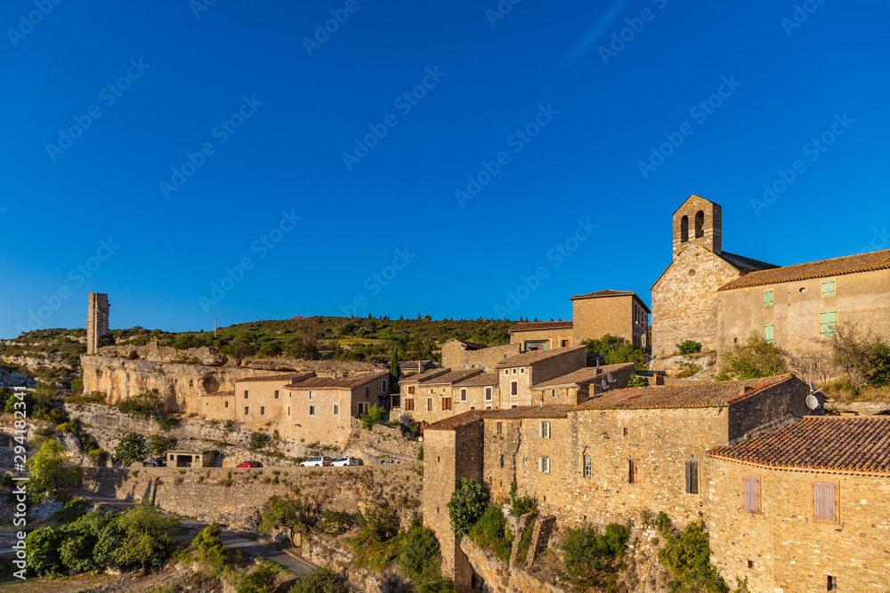 View of the the picturesque medieval village of Minerve situated on top of the gorge of the River Cesse in Herault - Languedoc, southern France