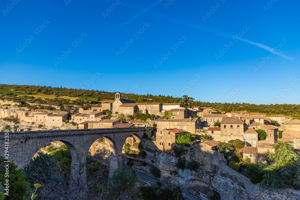 View of the the picturesque medieval village of Minerve situated on top of the gorge of the River Cesse in Herault - Languedoc, southern France