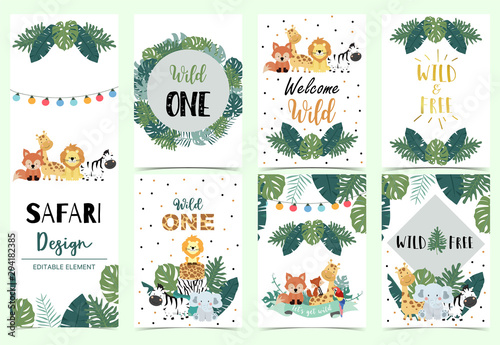 Collection of safari background set with giraffe,elephant,zebra,lion,light.Editable vector illustration for birthday invitation,postcard and sticker.Wording include wild and free