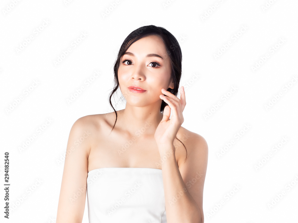 portrait asian beautiful woman.Closeup beauty skin face and hand touching face young girl.isolated white background portrait asian beautiful woman.Closeup beauty skin face and hand touching face young girl.isolated white background